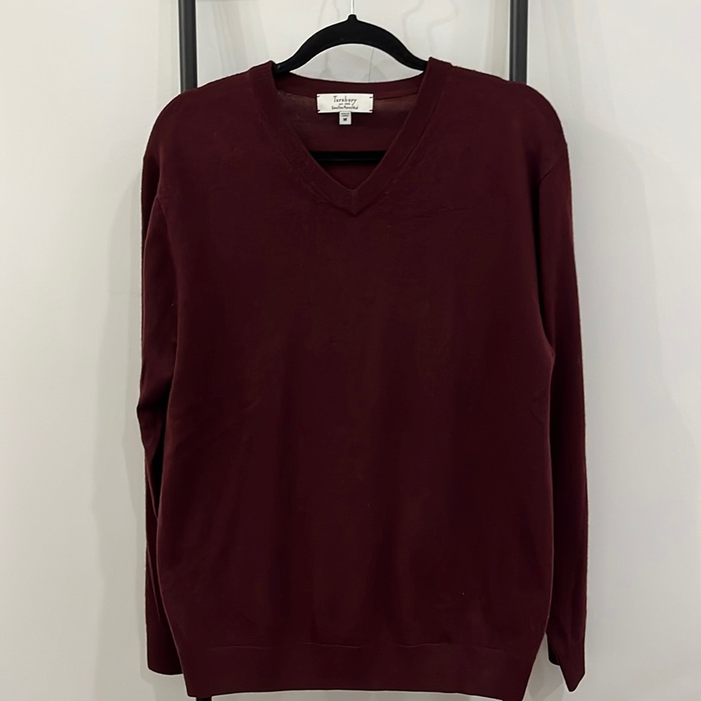 Turnbury Men M V-Neck Merino Wool Sweater Burgundy Knit
